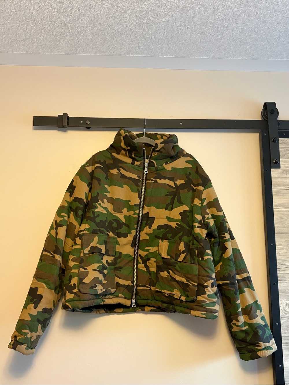 MNML Camouflage Puffer Jacket in Green, Brown, Tan